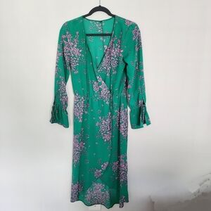 H&M Womens Small Dress Green Floral Midi Wrap Bell Long Sleeve